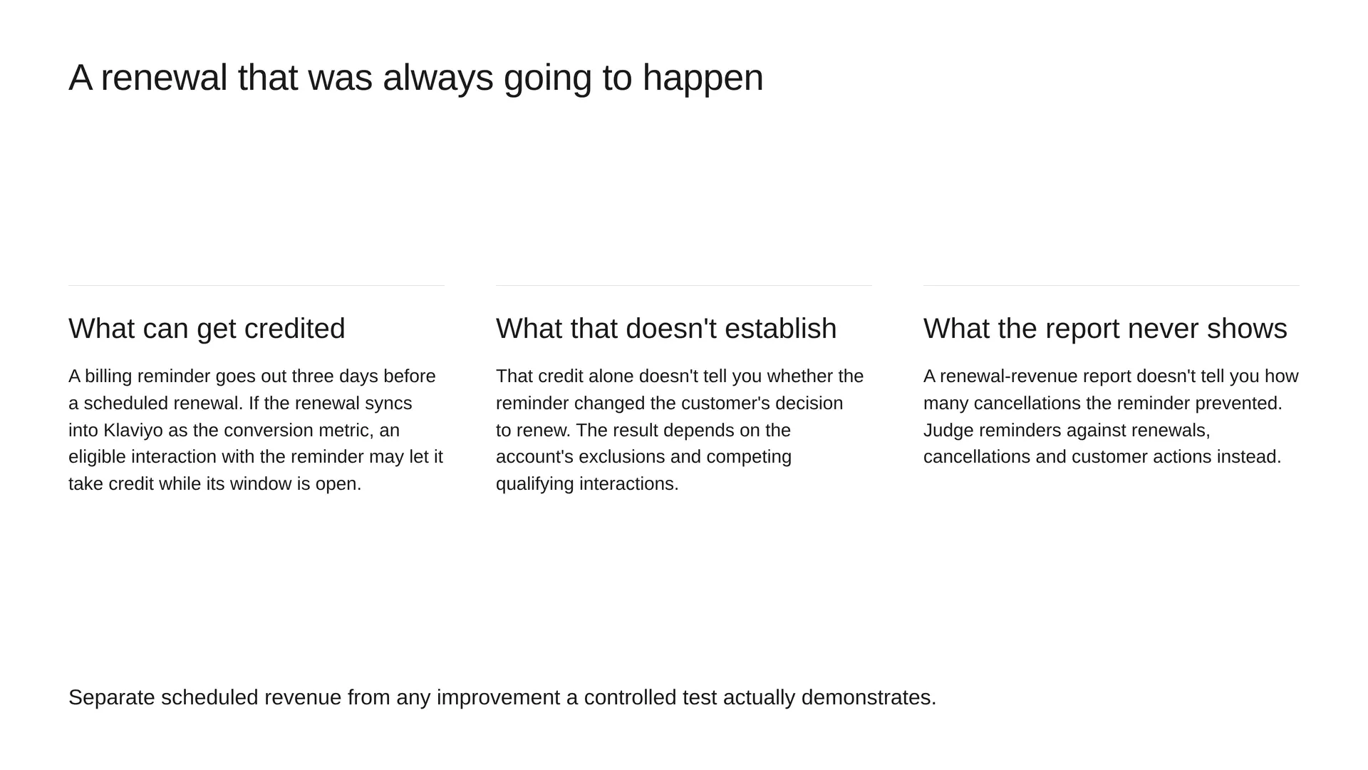 Why a scheduled subscription renewal can be credited to a billing reminder, and why that credit doesn't show how many cancellations the reminder prevented.