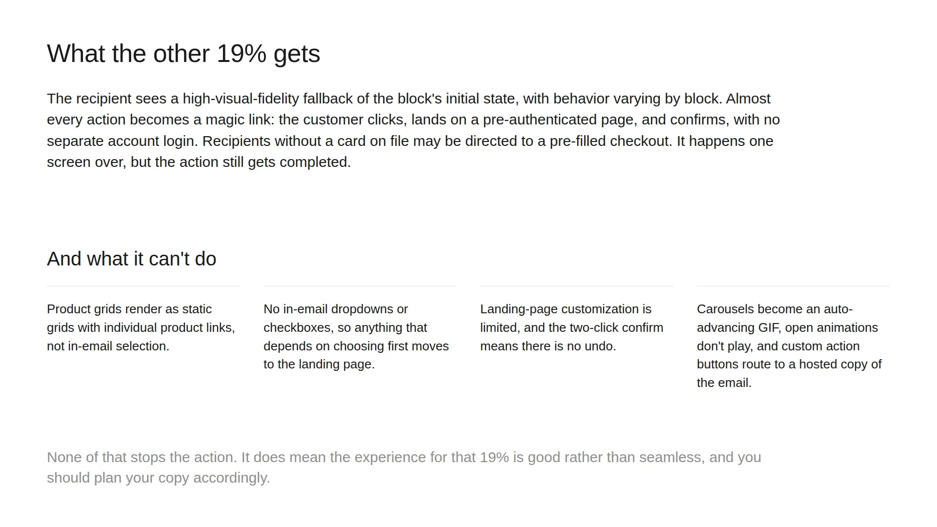 What the fallback 19% gets: a high-fidelity first screen and a magic link to a pre-authenticated page, without in-email product selection, dropdowns, or an undo.