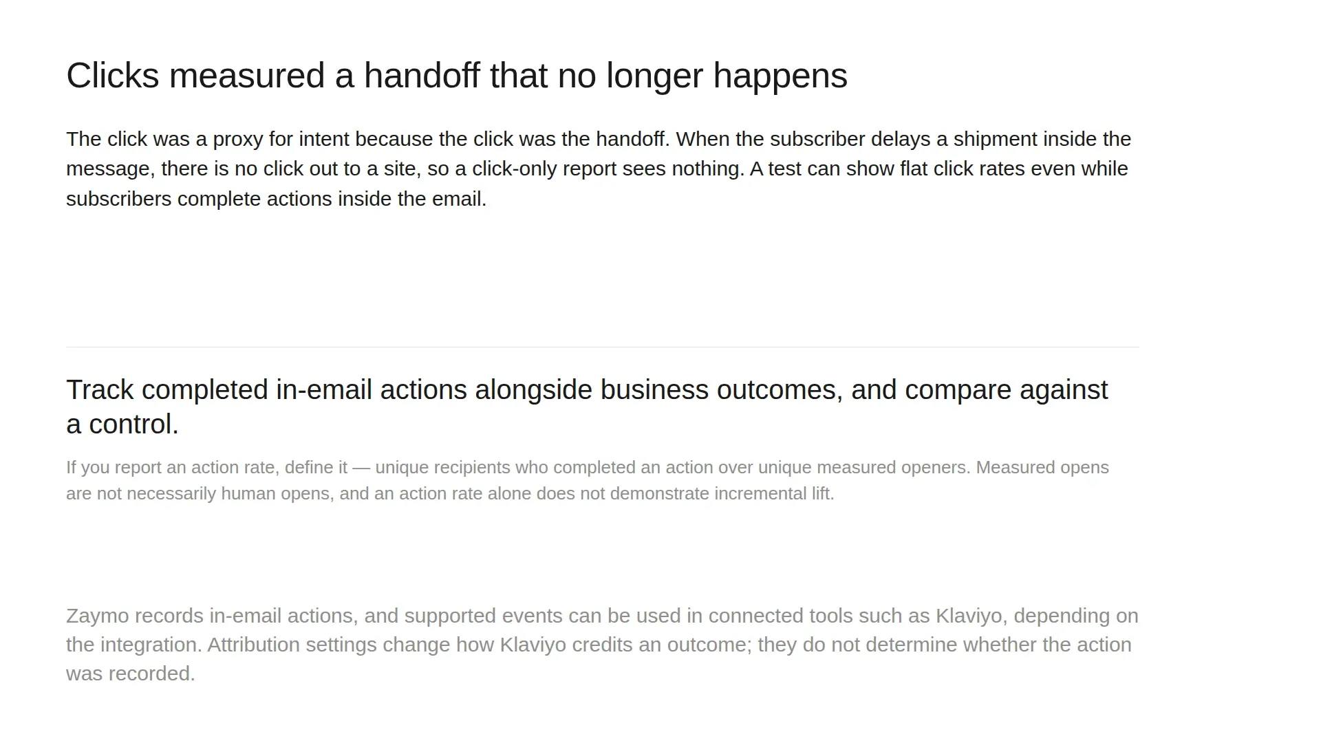 Why click-based email reporting cannot see in-email actions, and how to measure instead: completed actions alongside business outcomes, compared against a control.