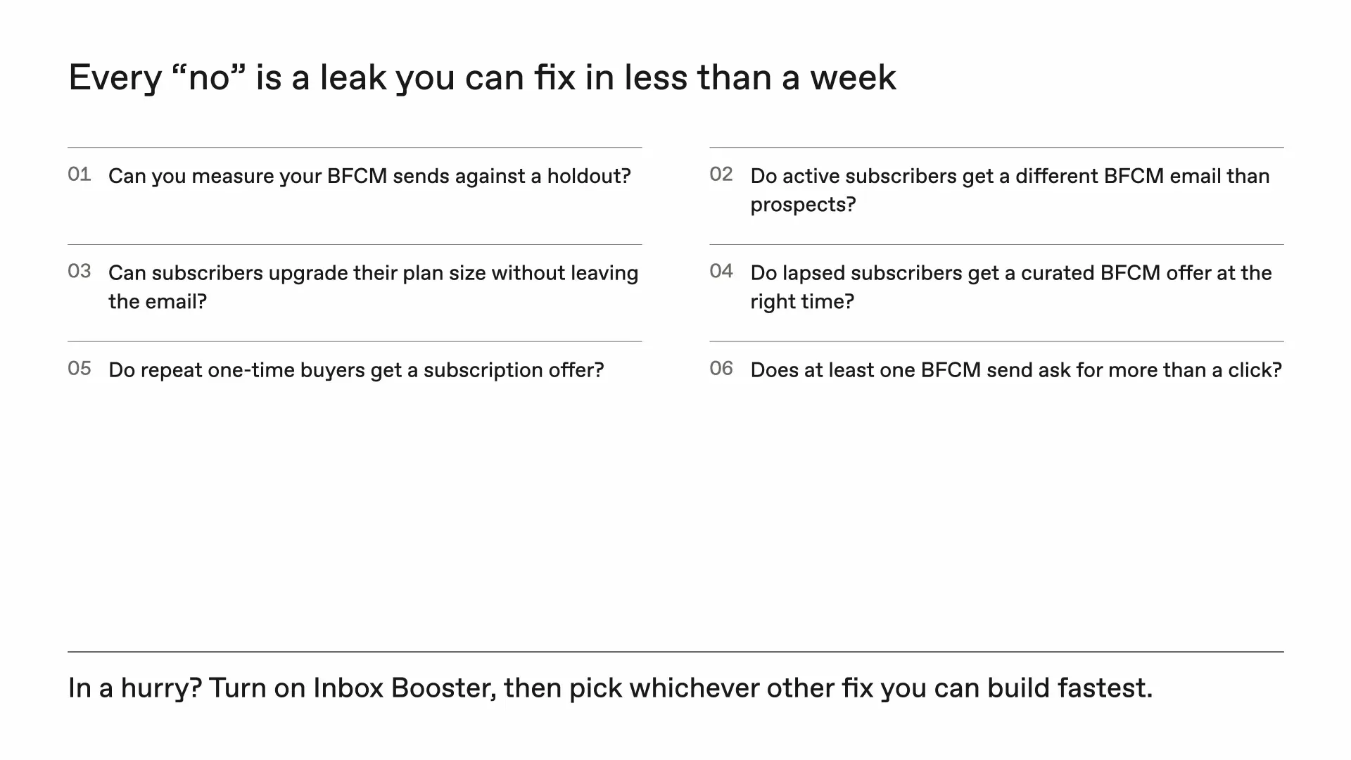 Every no is a leak you can fix in less than a week: six questions covering holdout measurement, a separate subscriber email, in-email plan upgrades, curated and well-timed lapsed offers, subscription offers to repeat buyers, and at least one send that asks for more than a click.