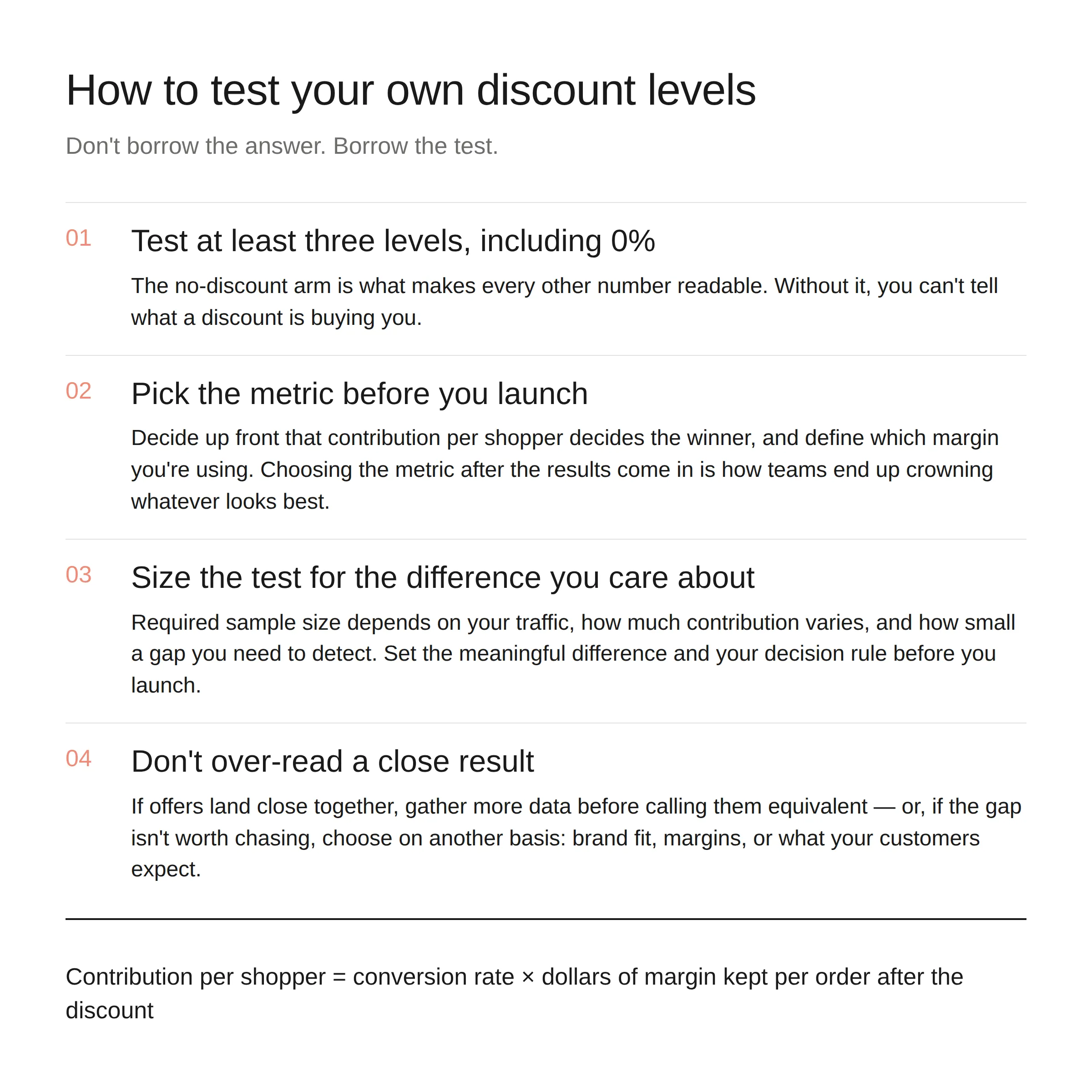 How to test your own discount levels: test at least three levels including 0%, pick the metric before you launch, size the test for the difference you care about, and don't over-read a close result.