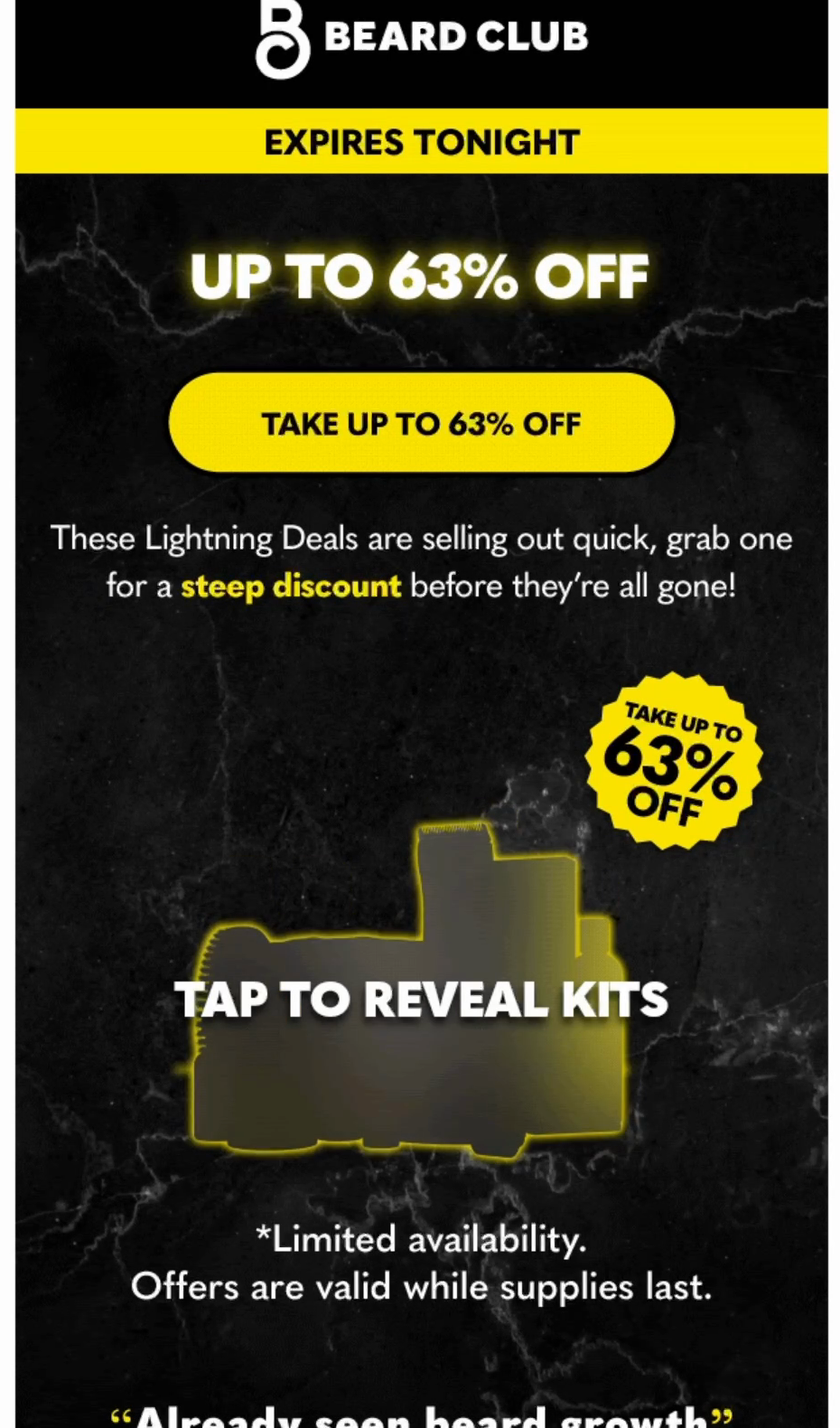 A bold black-and-yellow Beard Club email with a 'Tap to reveal kits' cover hiding a lightning deal, rendered inside Gmail.