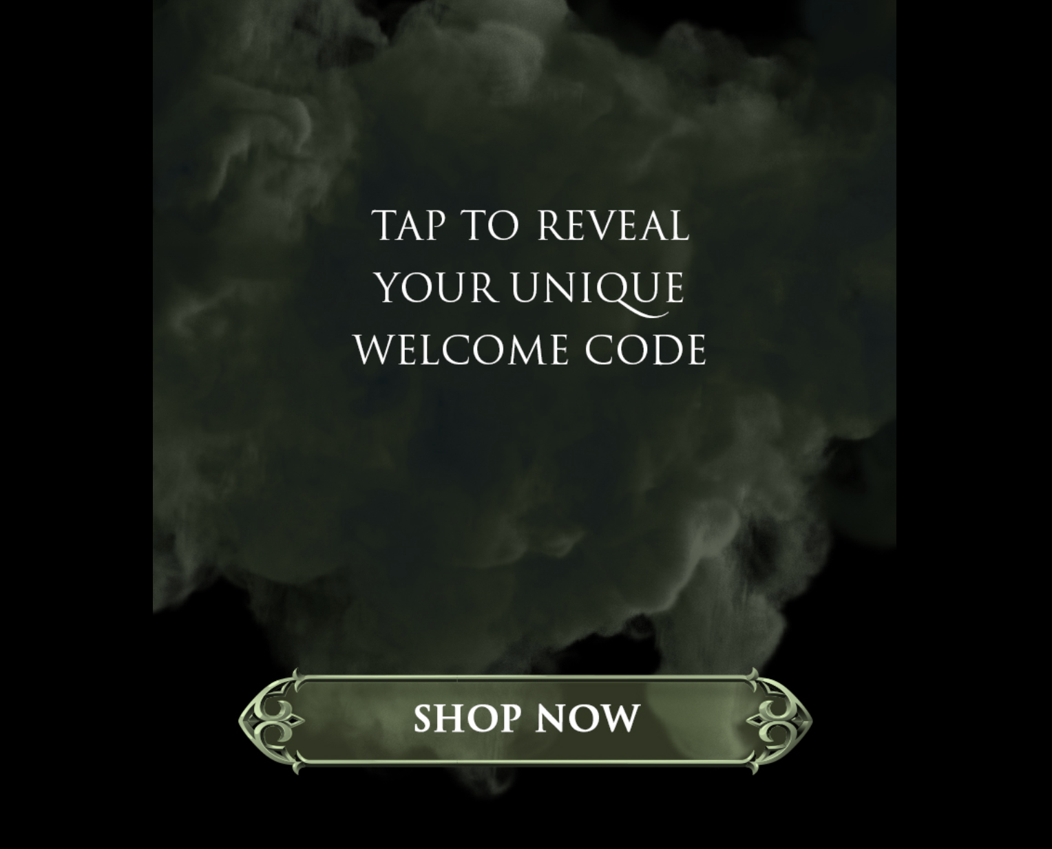 A dark, elegant welcome email with a 'Tap to reveal your unique welcome code' cover and a Shop Now button, rendered inside the inbox.