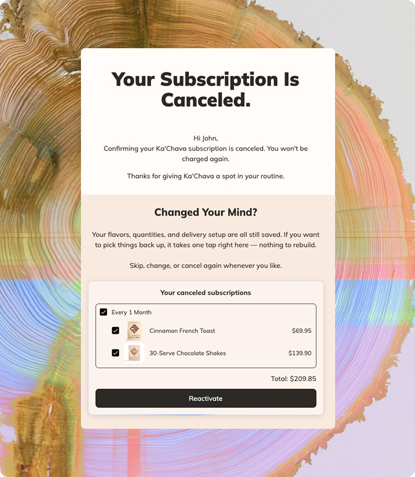 A generated cancellation email with a one-tap reactivate action