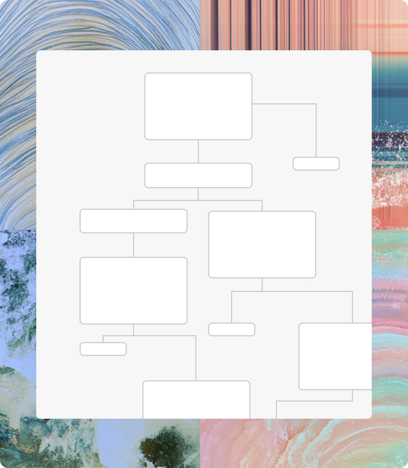 A branching automation flow diagram over abstract gradient artwork