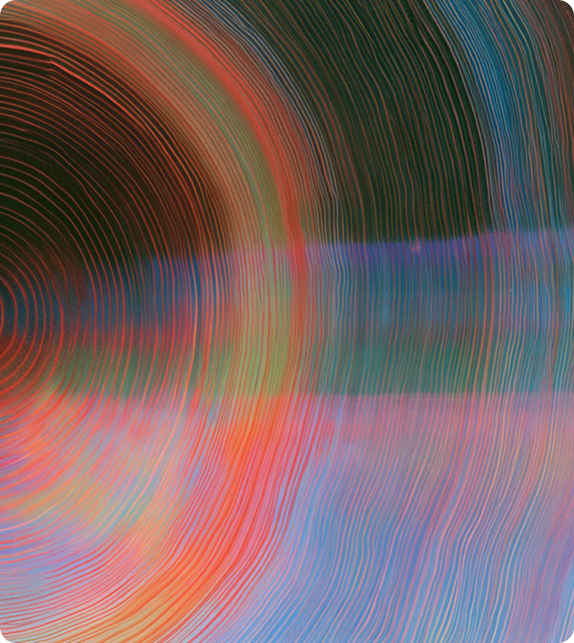 Fine concentric lines fanning out from black into coral and pale blue